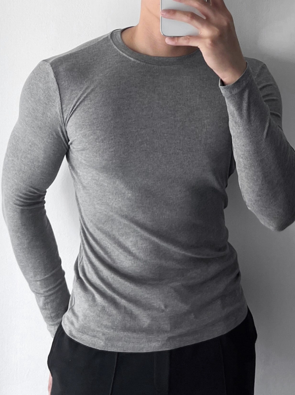 Tricou bărbați cu mânecă lungă, țesătură ribată, guler rotund, strat de bază elastic pentru sport și casual