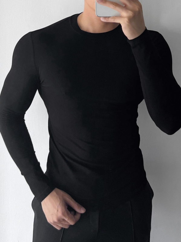 Tricou bărbați cu mânecă lungă, țesătură ribată, guler rotund, strat de bază elastic pentru sport și casual