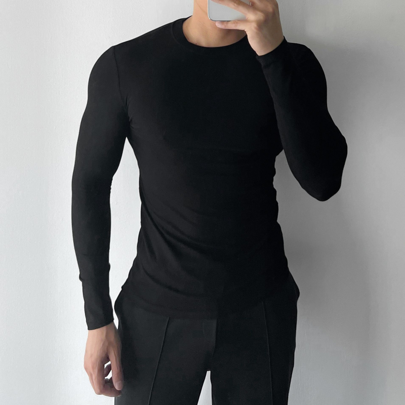 Tricou bărbați cu mânecă lungă, țesătură ribată, guler rotund, strat de bază elastic pentru sport și casual