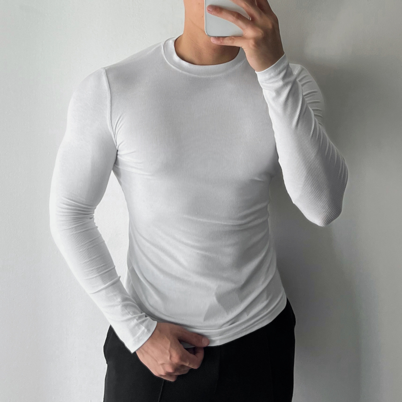Tricou bărbați cu mânecă lungă, țesătură ribată, guler rotund, strat de bază elastic pentru sport și casual