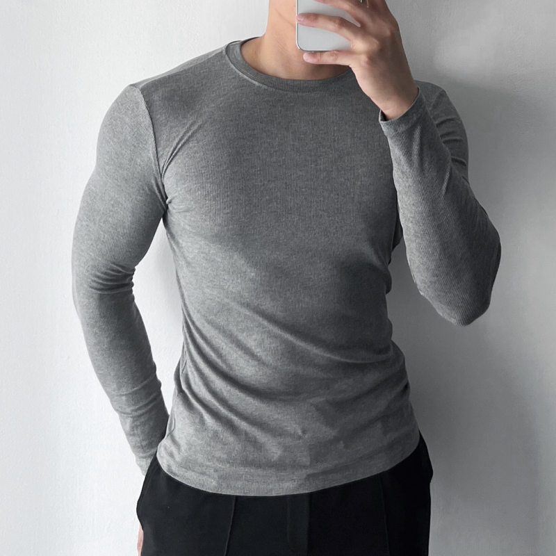 Tricou bărbați cu mânecă lungă, țesătură ribată, guler rotund, strat de bază elastic pentru sport și casual