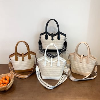 Geantă din paie împletită pentru femei, cu capacitate mare, stil bucket, design 3D modern, bloc de culori, pentru umăr sau crossbody