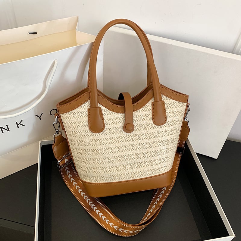 Geantă din paie împletită pentru femei, cu capacitate mare, stil bucket, design 3D modern, bloc de culori, pentru umăr sau crossbody