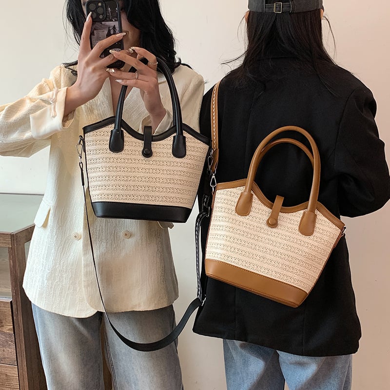 Geantă din paie împletită pentru femei, cu capacitate mare, stil bucket, design 3D modern, bloc de culori, pentru umăr sau crossbody