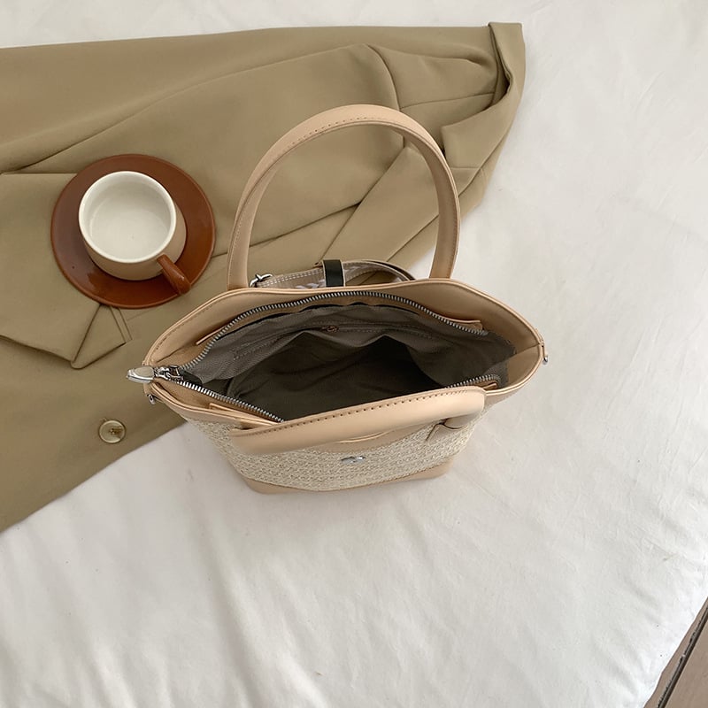 Geantă din paie împletită pentru femei, cu capacitate mare, stil bucket, design 3D modern, bloc de culori, pentru umăr sau crossbody