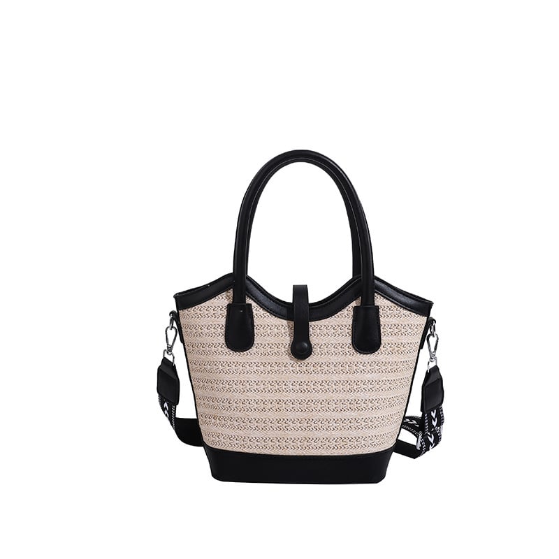 Geantă din paie împletită pentru femei, cu capacitate mare, stil bucket, design 3D modern, bloc de culori, pentru umăr sau crossbody