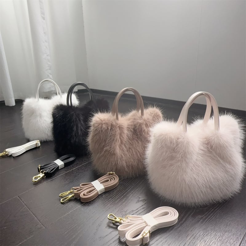 Geantă tote din blană artificială de vulpe, în stil coș, mic pătrat, curea pentru umăr/pe mână/crossbody, damă 2024 toamnă–iarnă #465