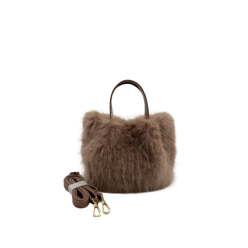 Geantă tote din blană artificială de vulpe, în stil coș, mic pătrat, curea pentru umăr/pe mână/crossbody, damă 2024 toamnă–iarnă #465