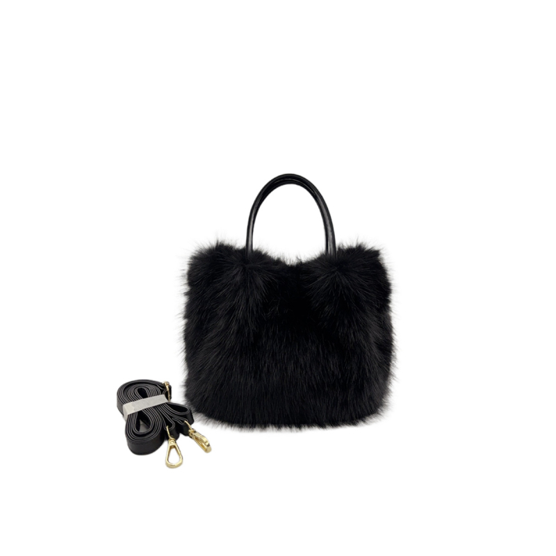 Geantă tote din blană artificială de vulpe, în stil coș, mic pătrat, curea pentru umăr/pe mână/crossbody, damă 2024 toamnă–iarnă #465