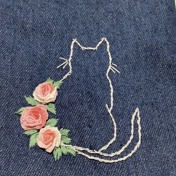 Kit de broderie cu pisicuță drăguță și trandafir, DIY, fără vopsire, șablon dizolvabil în apă, patch pentru găuri