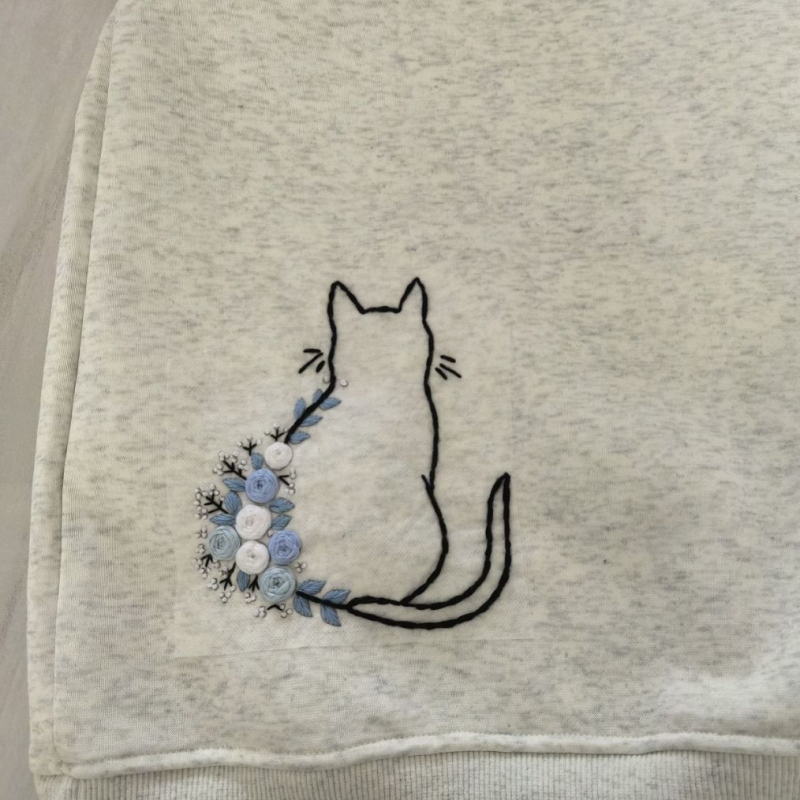 Kit de broderie cu pisicuță drăguță și trandafir, DIY, fără vopsire, șablon dizolvabil în apă, patch pentru găuri