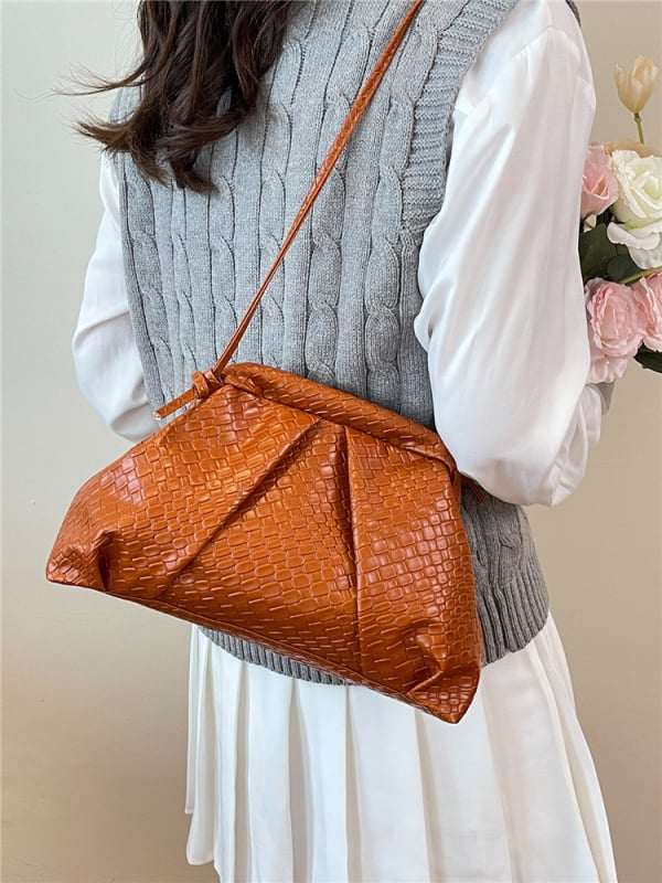 Geantă de damă din material împletit cu model nor, lanț, culoare solidă, crossbody