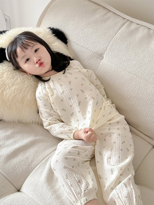 Set de pijamale pentru copii din bumbac gaz dublu strat pentru camere cu aer condiționat, unisex, 100% bumbac, primăvară-vară, ușor, mâneci 3/4