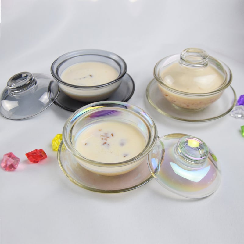 Bol de desert din sticlă cu capac, în stil cuib de pasăre, nuanță amber smoky gray, margine aur pictată manual, sticlă rezistentă la căldură, diametru 17–18 cm