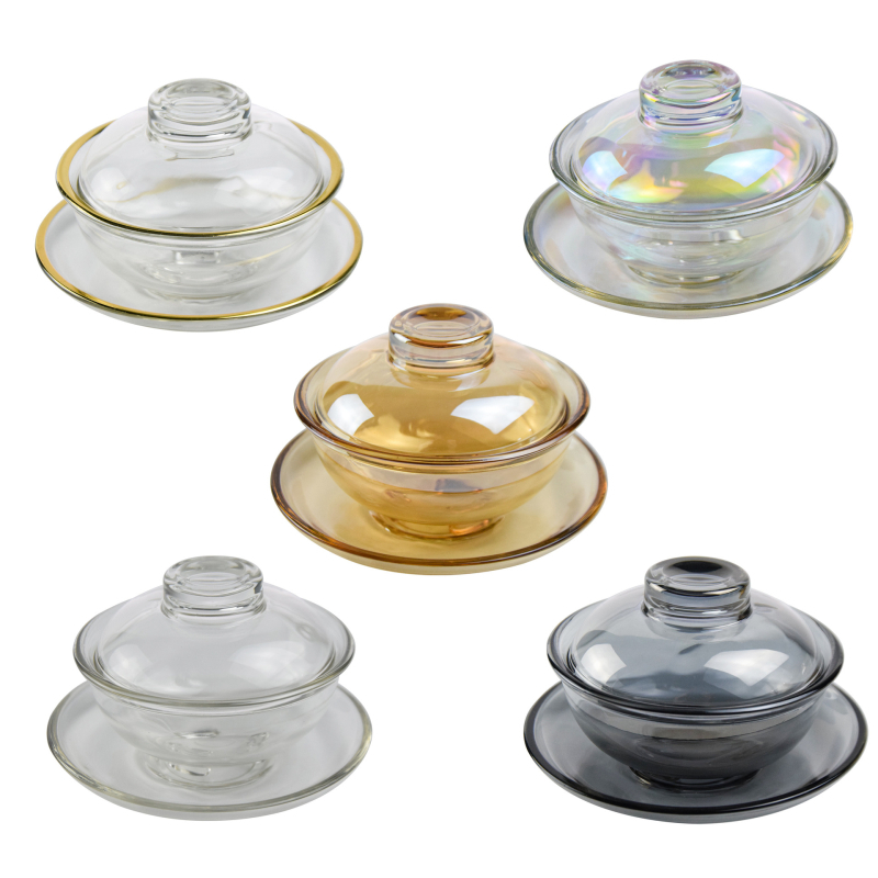 Bol de desert din sticlă cu capac, în stil cuib de pasăre, nuanță amber smoky gray, margine aur pictată manual, sticlă rezistentă la căldură, diametru 17–18 cm