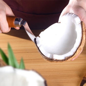 Instrument de deschidere a nucilor de cocos, cu lamă pentru extragerea pulpei