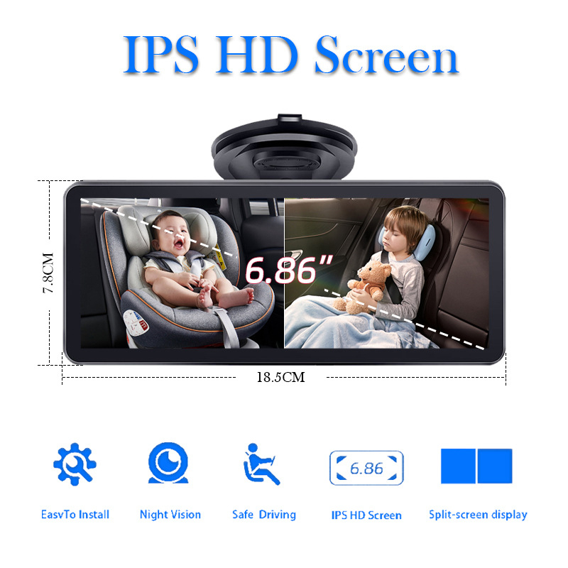 Baba autó kamera 1080P, kettős csatorna, 6,8 hüvelykes babakocsi hátsó kilátó monitor