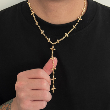 Colier masculin cu cruce auriu în formă de Y și ciucuri, lanț lung, elegant și versatil