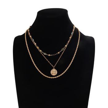 Colier bărbătesc vintage, ton auriu, trei straturi, lanț torsionat, cu pietre colorate și diamante pavé, motiv soare