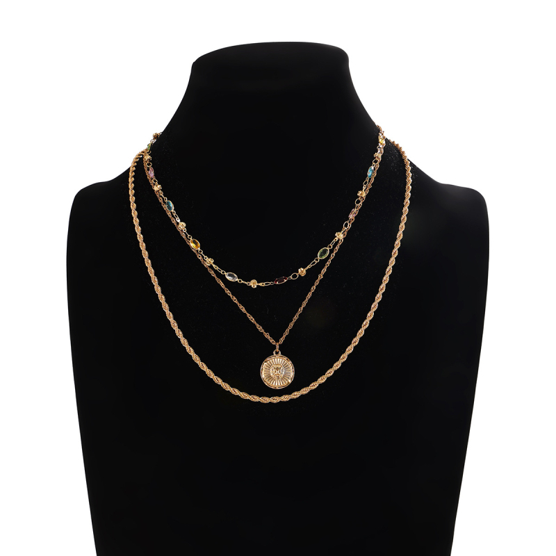 Colier bărbătesc vintage, ton auriu, trei straturi, lanț torsionat, cu pietre colorate și diamante pavé, motiv soare