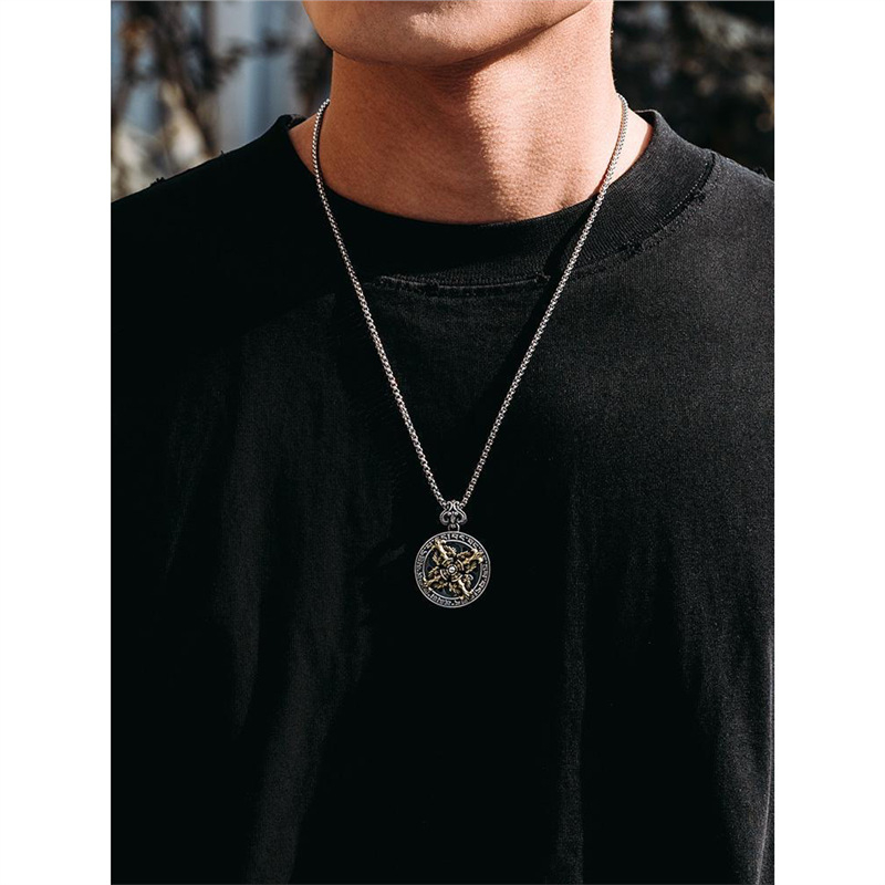 Colier masculin cu cruce Vajra, pandant inel cu motto de șase caractere, stil punk premium