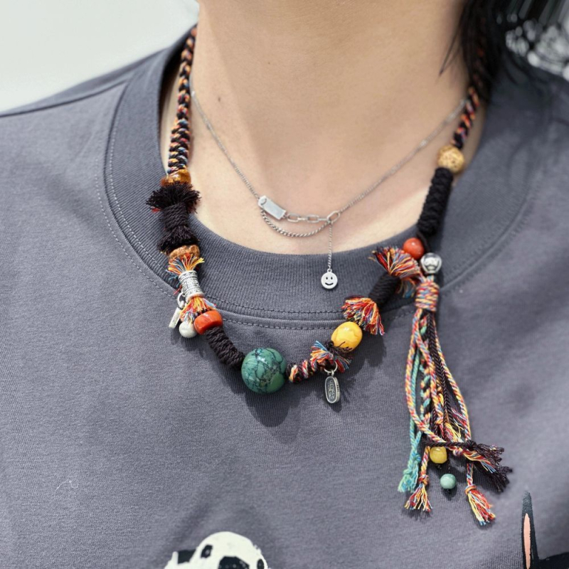 Colier cu mărgele verzi norocoase, stil tibetan budist, lanț pentru pulover, vintage, unisex