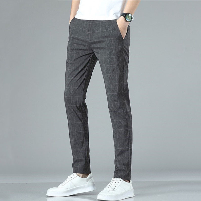 Pantaloni casual bărbați în carouri, vară 2024, croială lejeră, drepti, stil coreean, business casual