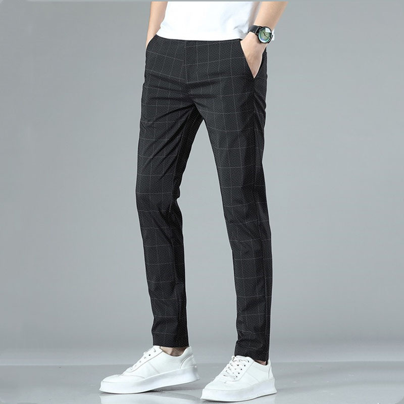 Pantaloni casual bărbați în carouri, vară 2024, croială lejeră, drepti, stil coreean, business casual