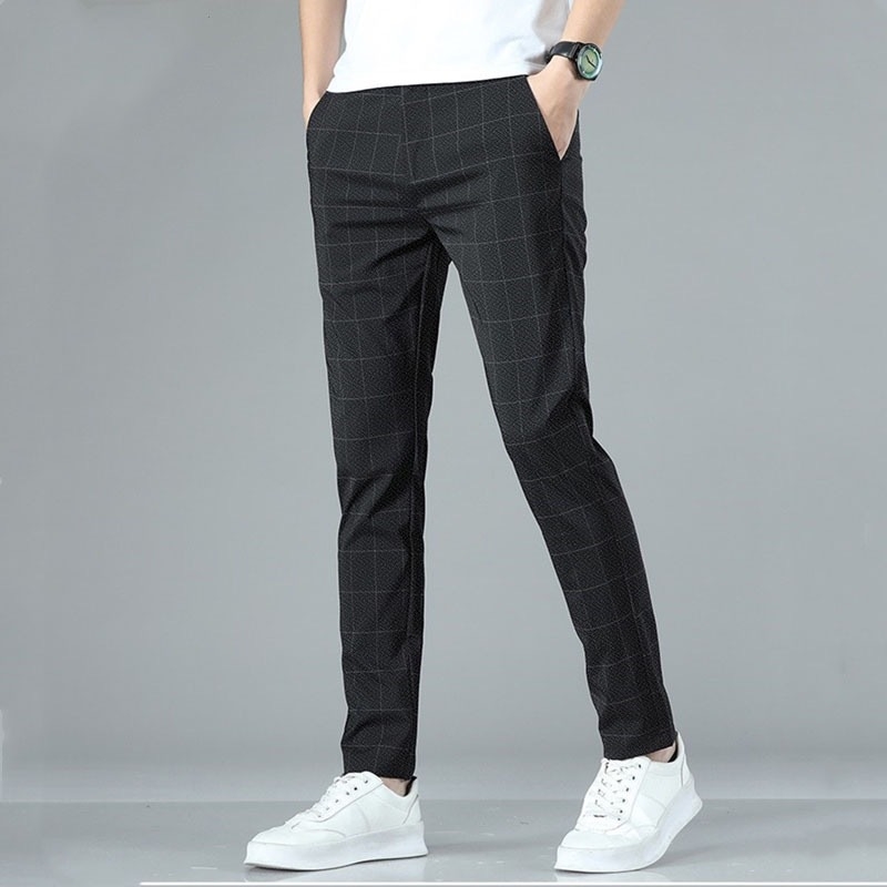 Pantaloni casual bărbați în carouri, vară 2024, croială lejeră, drepti, stil coreean, business casual