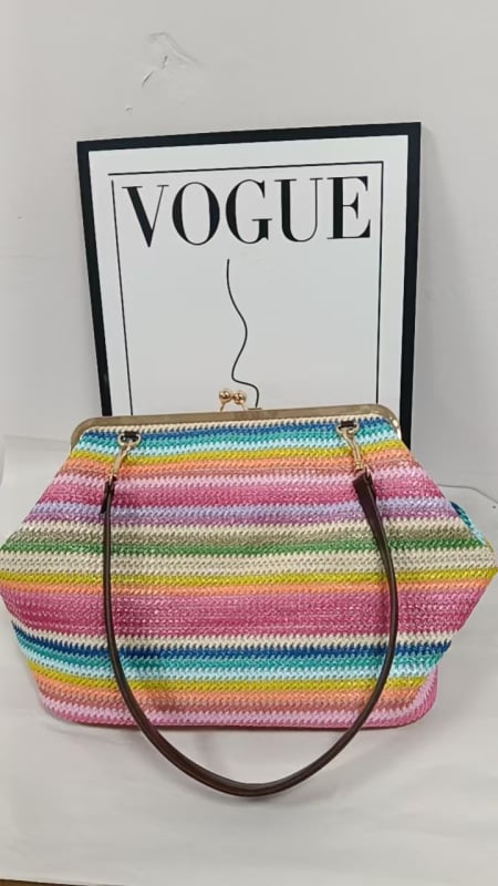 Geantă de mână împletită pentru femei, geantă de umăr cu dungi color-block, stil scoică vintage, modernă și versatilă pentru utilizare zilnică