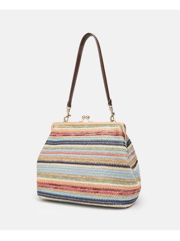 Geantă de mână împletită pentru femei, geantă de umăr cu dungi color-block, stil scoică vintage, modernă și versatilă pentru utilizare zilnică