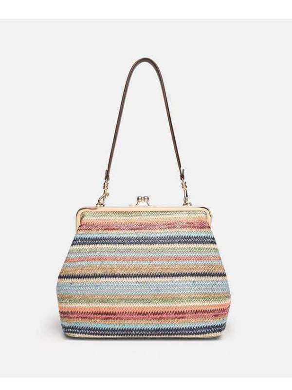 Geantă de mână împletită pentru femei, geantă de umăr cu dungi color-block, stil scoică vintage, modernă și versatilă pentru utilizare zilnică