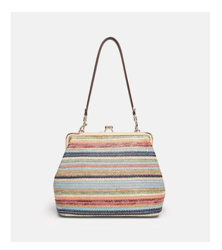 Geantă de mână împletită pentru femei, geantă de umăr cu dungi color-block, stil scoică vintage, modernă și versatilă pentru utilizare zilnică