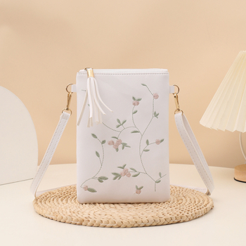 Geantă de umăr pentru femei cu broderie florală și ciucuri, închidere cu fermoar, compactă și versatilă