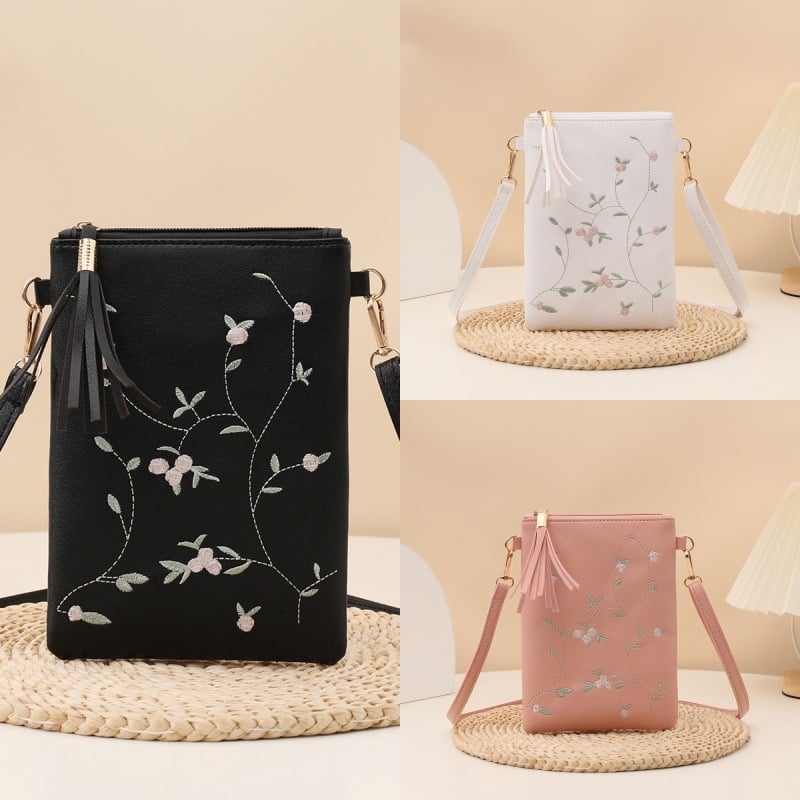 Geantă de umăr pentru femei cu broderie florală și ciucuri, închidere cu fermoar, compactă și versatilă