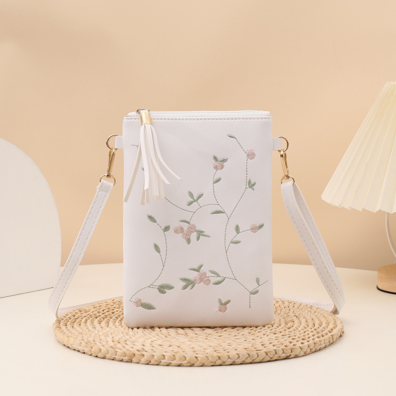 Geantă de umăr pentru femei cu broderie florală și ciucuri, închidere cu fermoar, compactă și versatilă