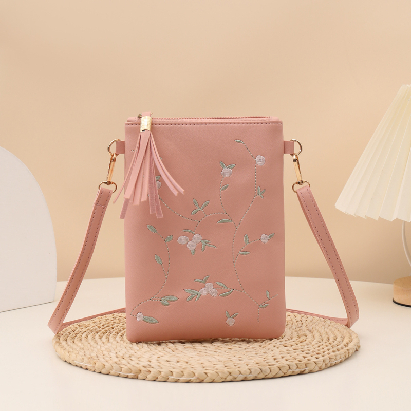 Geantă de umăr pentru femei cu broderie florală și ciucuri, închidere cu fermoar, compactă și versatilă