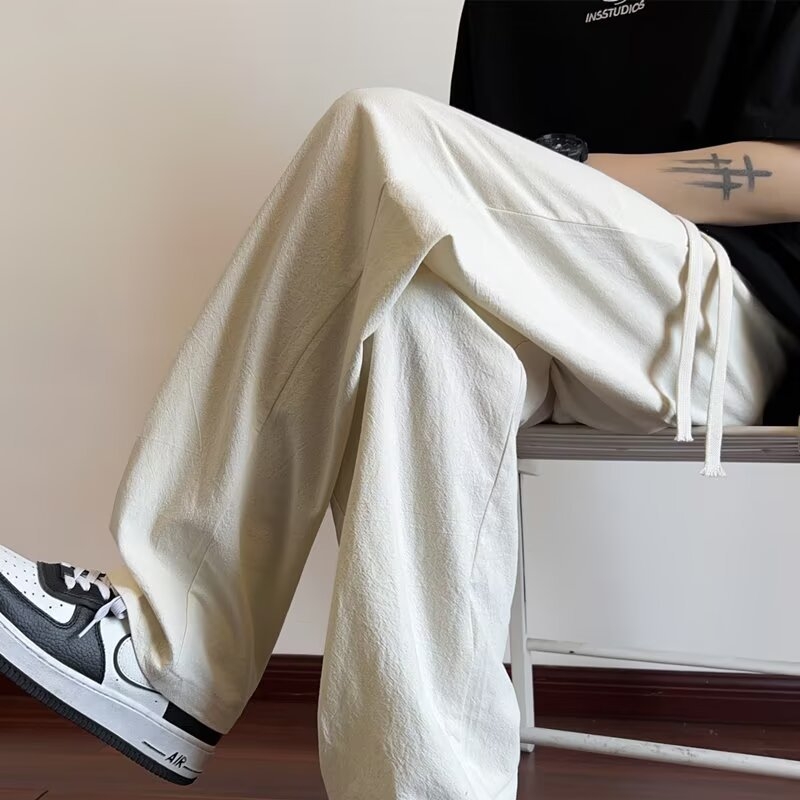 Pantaloni pentru bărbați din in, vară, ușori și la modă, amestec bumbac-in, croială largă dreaptă, pantaloni lungi
