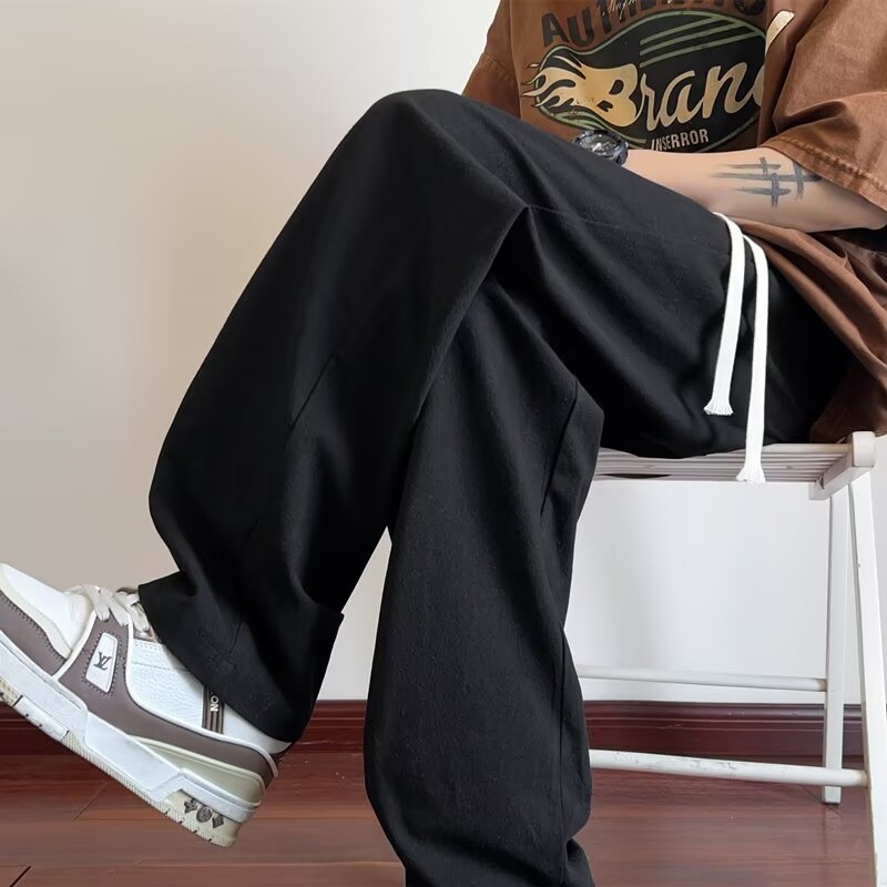 Pantaloni pentru bărbați din in, vară, ușori și la modă, amestec bumbac-in, croială largă dreaptă, pantaloni lungi