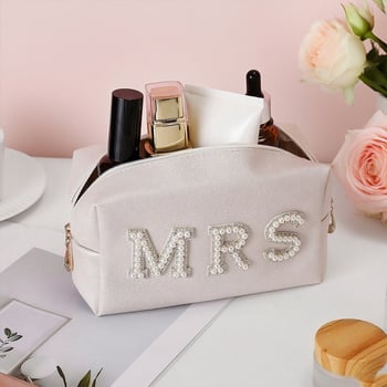 Geantă cosmetică cu litere din perle pentru mireasă, organizator de machiaj, MRS/BRIDE, piele PU