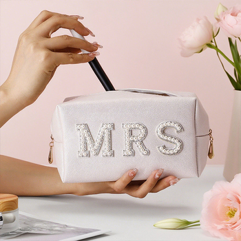 Geantă cosmetică cu litere din perle pentru mireasă, organizator de machiaj, MRS/BRIDE, piele PU