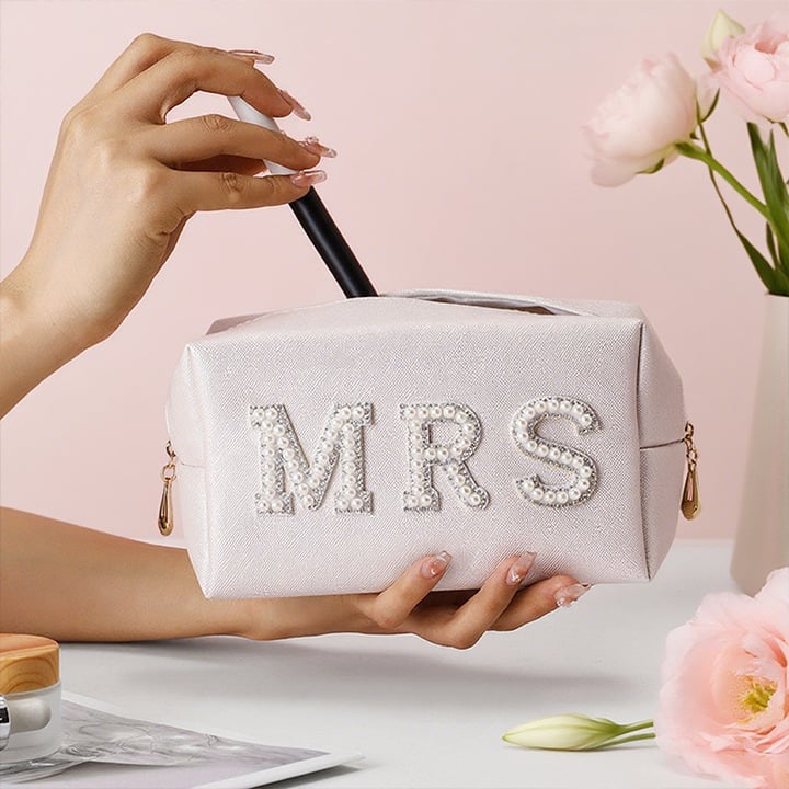 Geantă cosmetică cu litere din perle pentru mireasă, organizator de machiaj, MRS/BRIDE, piele PU