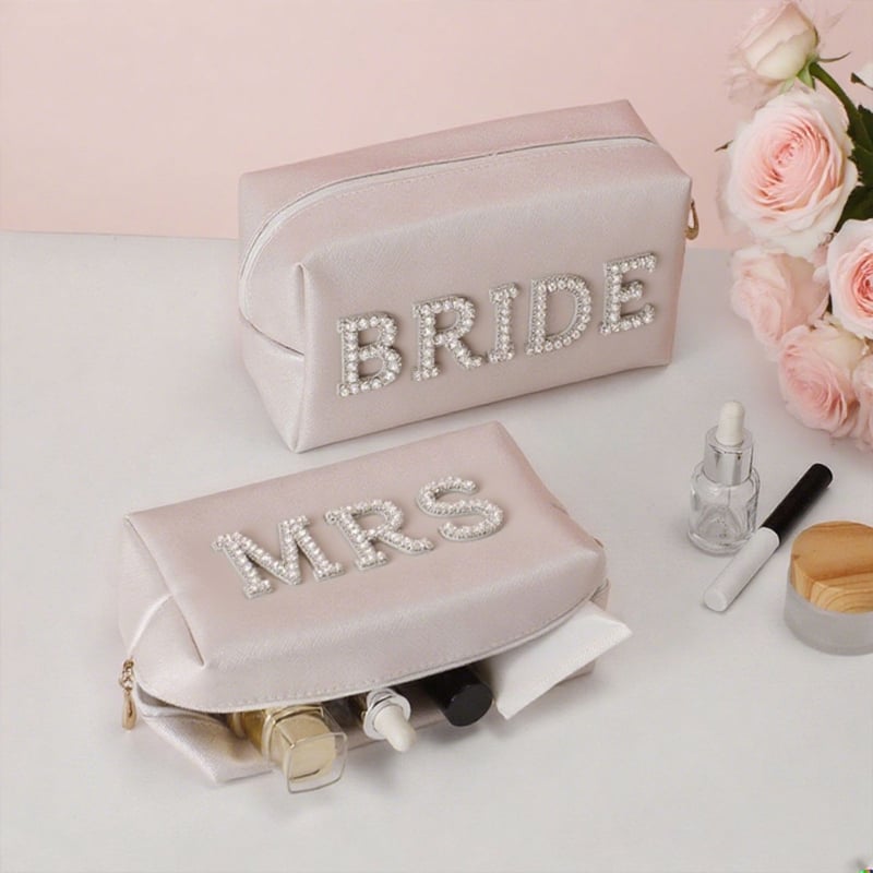 Geantă cosmetică cu litere din perle pentru mireasă, organizator de machiaj, MRS/BRIDE, piele PU