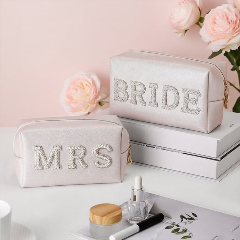Geantă cosmetică cu litere din perle pentru mireasă, organizator de machiaj, MRS/BRIDE, piele PU