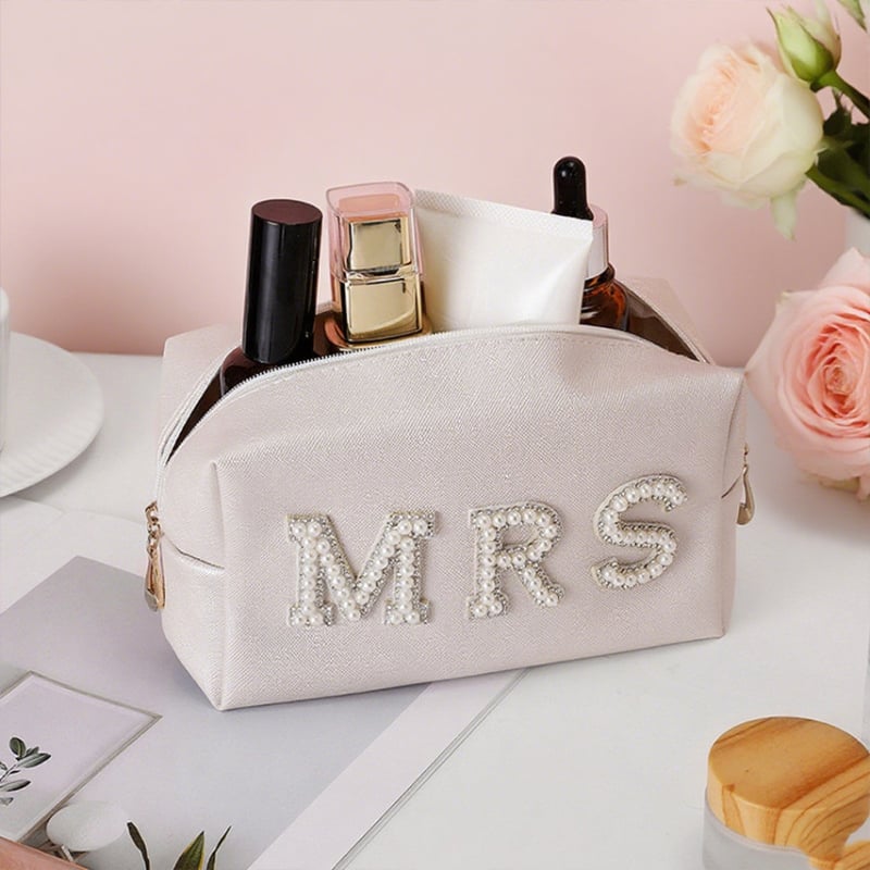 Geantă cosmetică cu litere din perle pentru mireasă, organizator de machiaj, MRS/BRIDE, piele PU