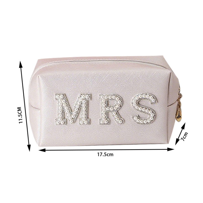 Geantă cosmetică cu litere din perle pentru mireasă, organizator de machiaj, MRS/BRIDE, piele PU