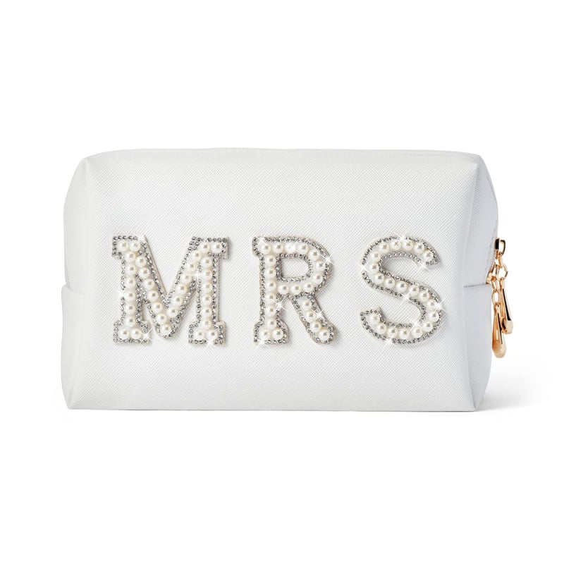 Geantă cosmetică cu litere din perle pentru mireasă, organizator de machiaj, MRS/BRIDE, piele PU