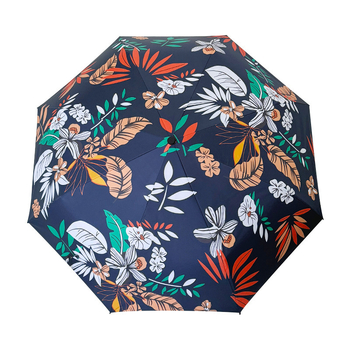 Umbrelă automată pliabilă cu trei secțiuni, imprimeu floral bleumarin, design compact tip capsulă de buzunar, protecție UV UPF50+
