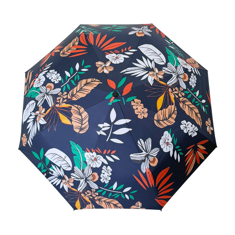Umbrelă automată pliabilă cu trei secțiuni, imprimeu floral bleumarin, design compact tip capsulă de buzunar, protecție UV UPF50+