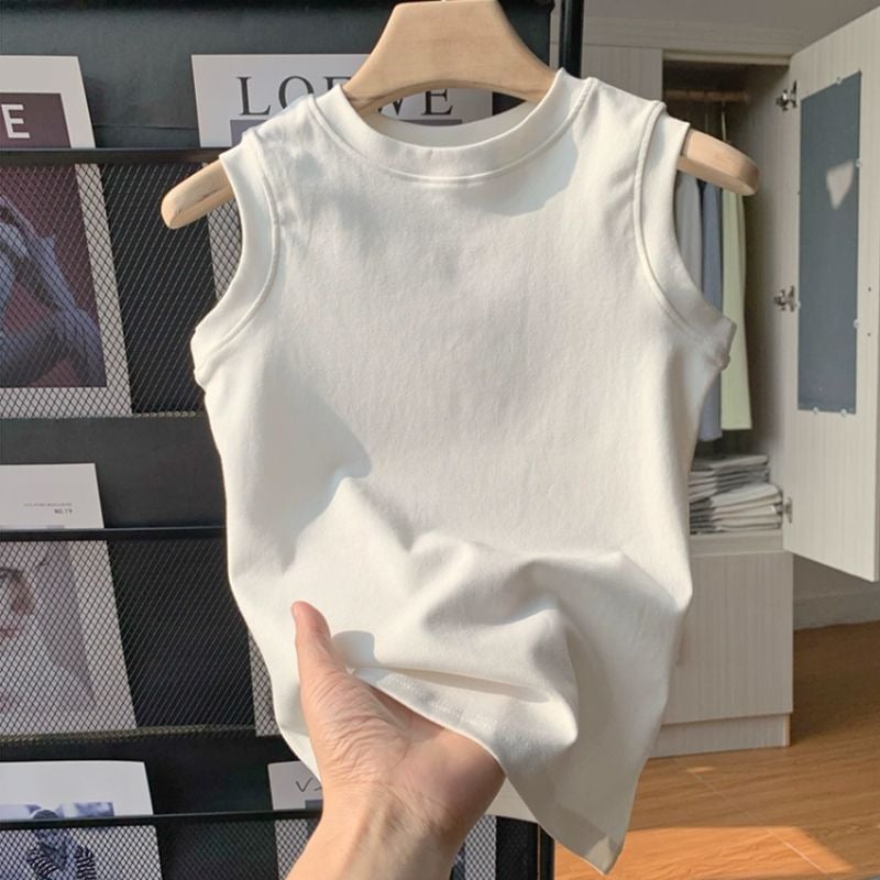 2025 Top fără mâneci din bumbac 100%, culoare solidă, guler rotund, model de bază, unisex, vară